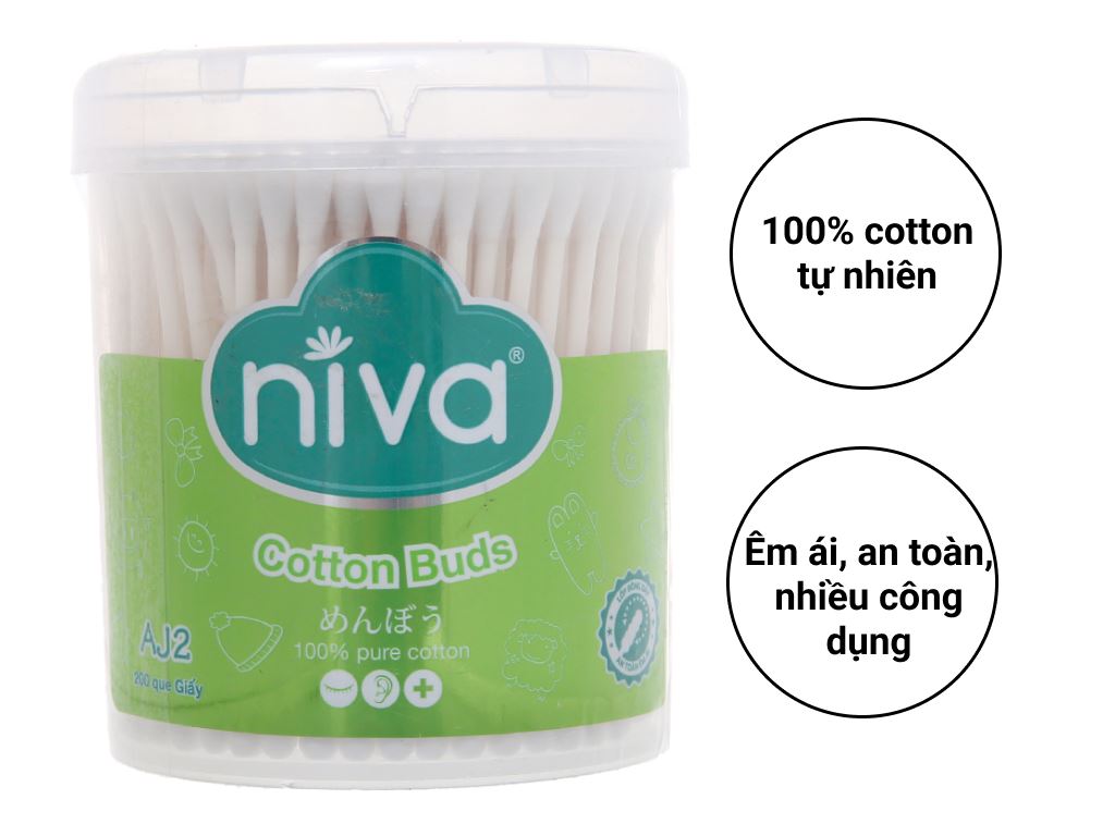 Tăm bông ráy tai Niva AJ2 thân giấy đầu tròn và xoắn hũ 200 cây