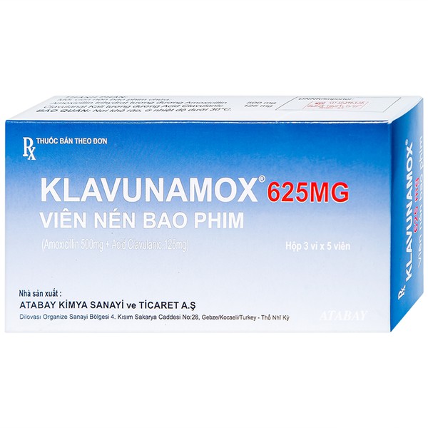 Thuốc Klavunamox 625mg Atabay điều trị các bệnh nhiễm khuẩn (3 vỉ x 5 viên)